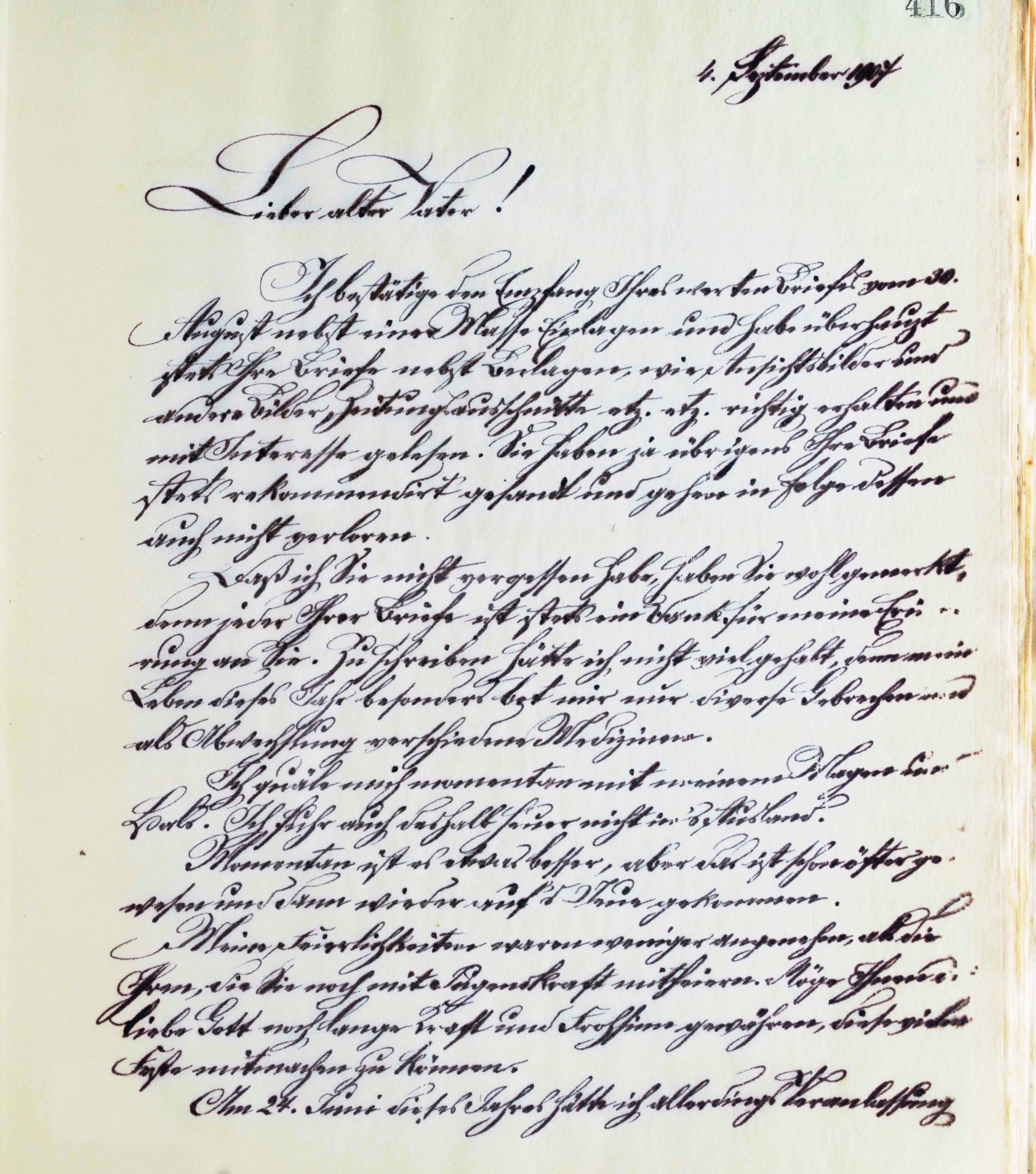 Gottlieb Kreidlin kirje Josef Pugnethille 4.9.1907. Kirje alkaa sanoilla Lieber alter Vater, Rakas vanha is.